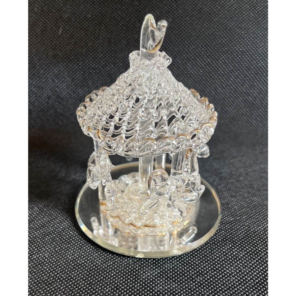 Hand Blown Spun Glass Horse Carousel Figurine Gold Accents Mirror Base Ornate
